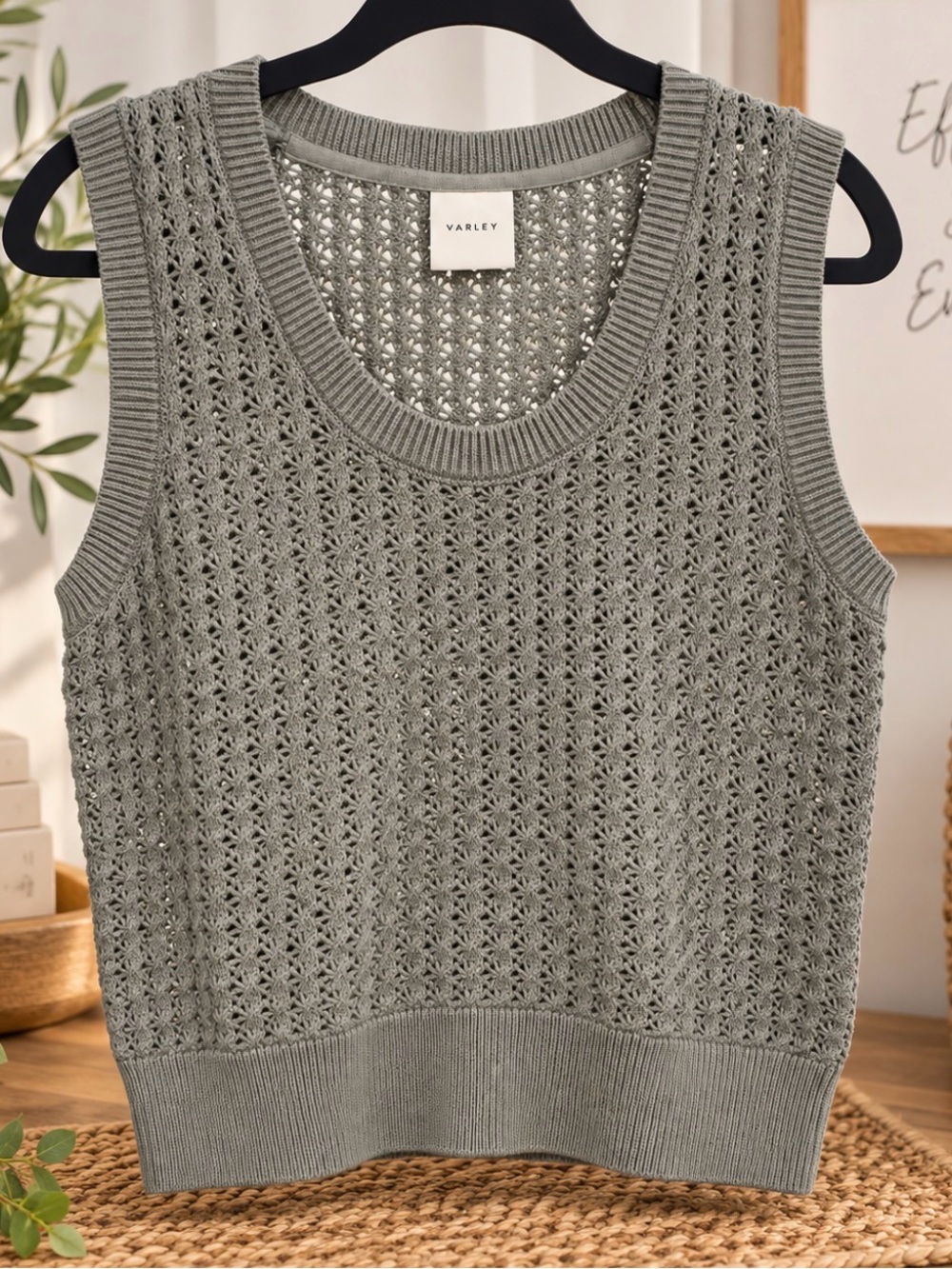 Varley Ferns Open Knit Tank Medium Shadow Gray 100% Cotton Pointelle Sweater